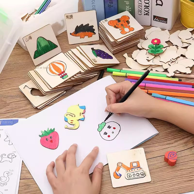 Children's Wooden Drawing Template Set for Kindergarten and Primary School Students, Hollow Graffiti Toy for Boys and Girls, Painting Tool Kit