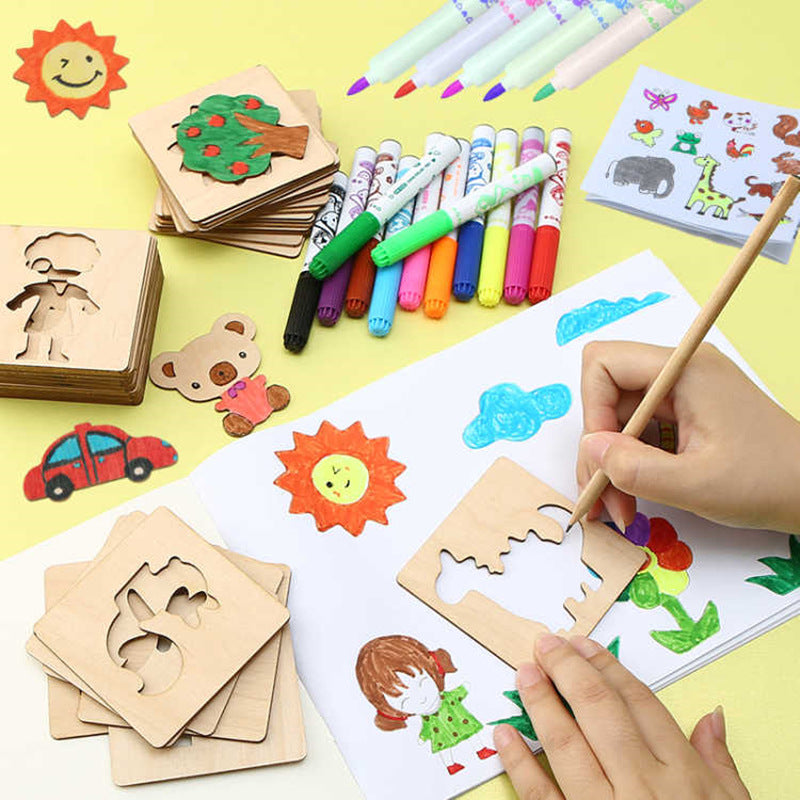 Children's Wooden Drawing Template Set for Kindergarten and Primary School Students, Hollow Graffiti Toy for Boys and Girls, Painting Tool Kit