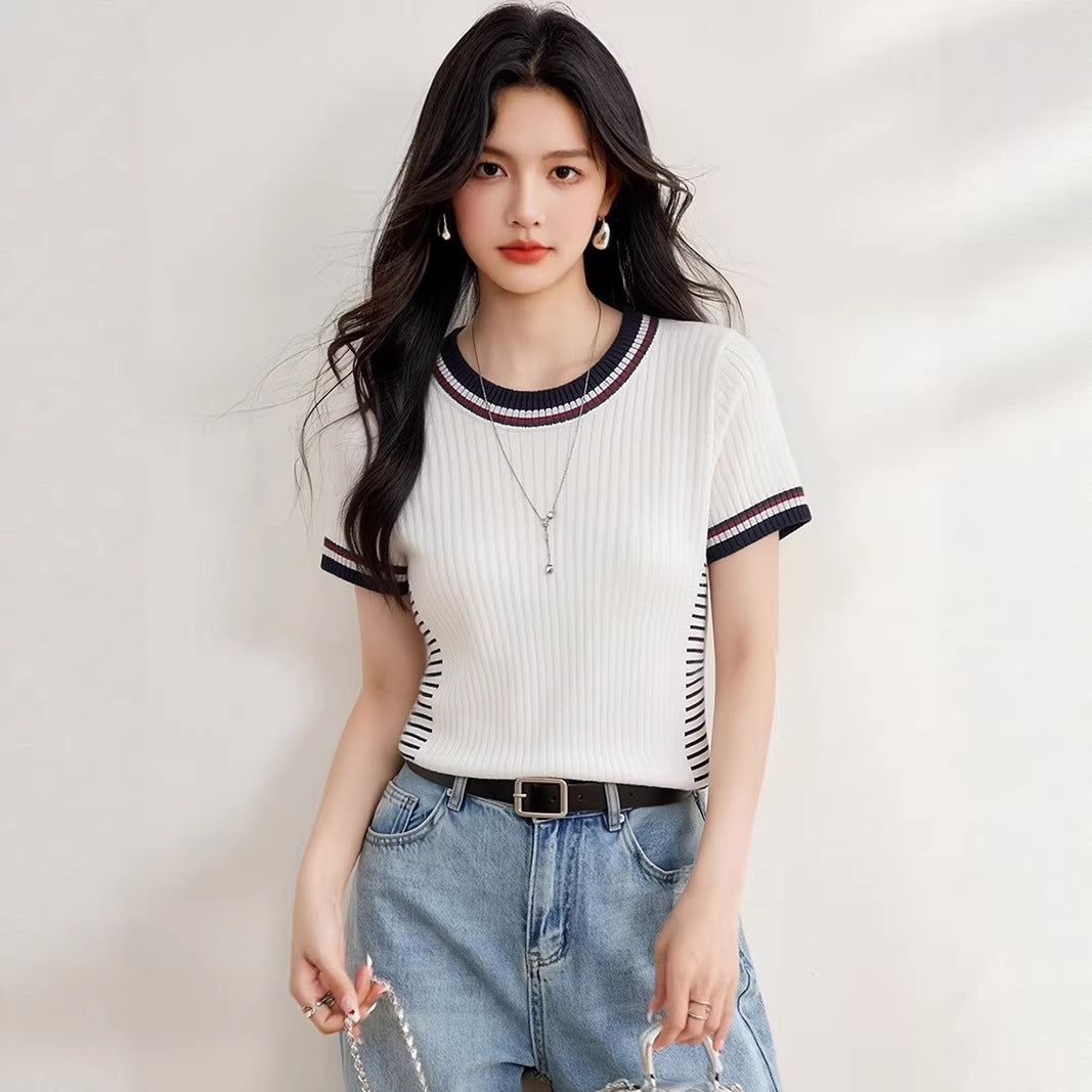 Round Neck Short Sleeve Knit Top, Fitted Elegant and Stylish Casual Blouse