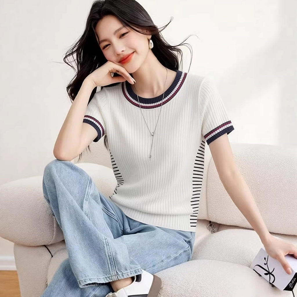 Round Neck Short Sleeve Knit Top, Fitted Elegant and Stylish Casual Blouse