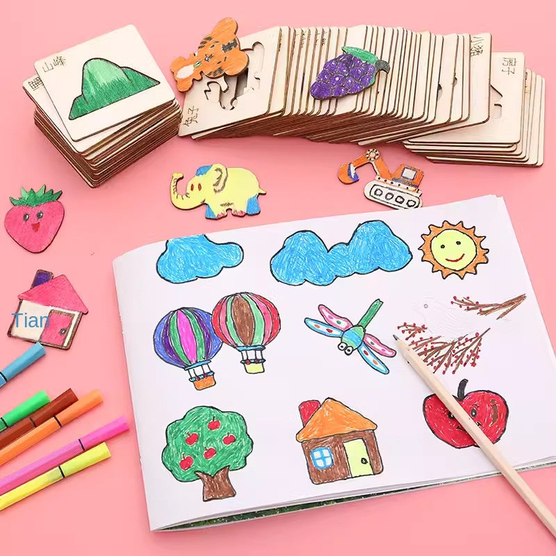 Children's Wooden Drawing Template Set for Kindergarten and Primary School Students, Hollow Graffiti Toy for Boys and Girls, Painting Tool Kit