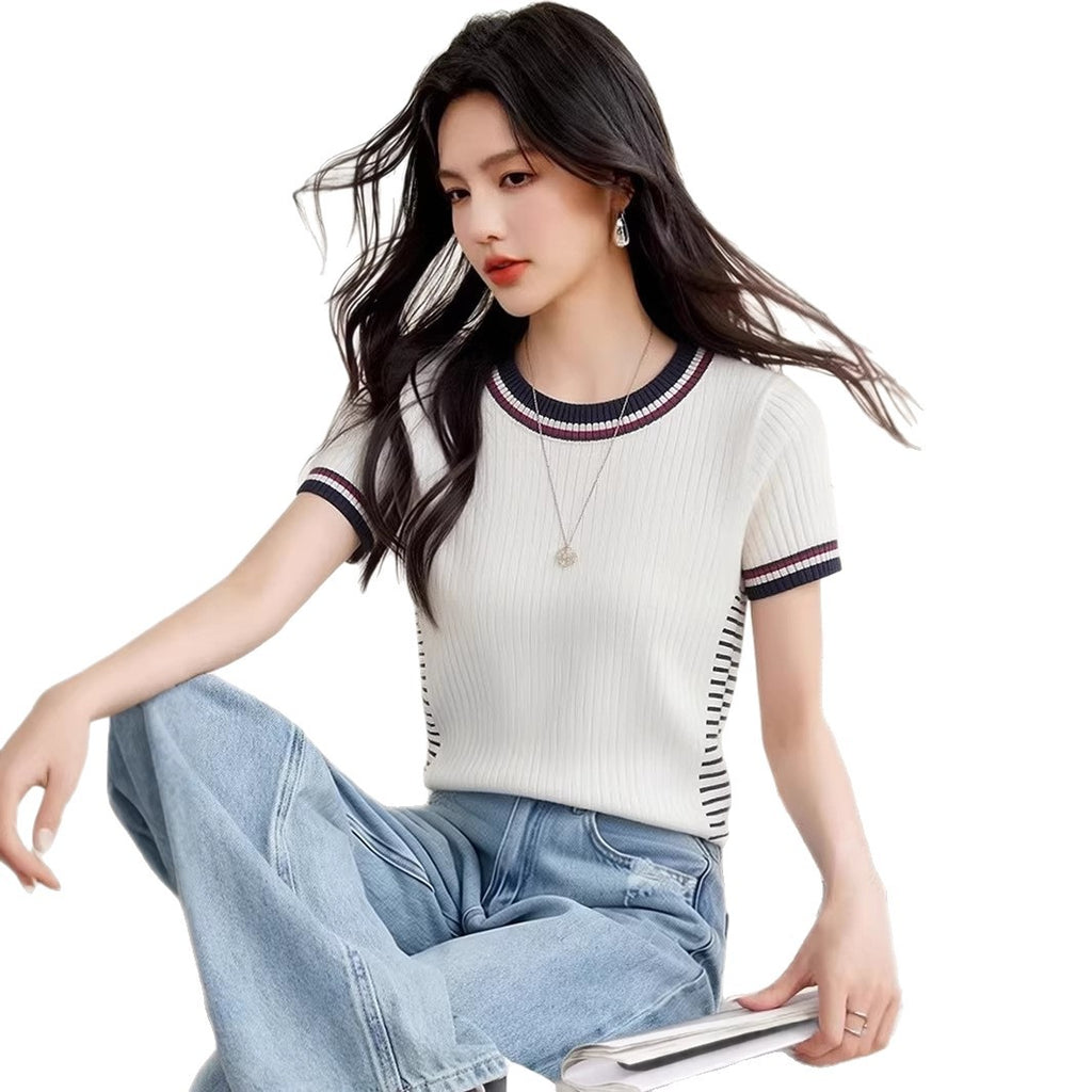 Round Neck Short Sleeve Knit Top, Fitted Elegant and Stylish Casual Blouse