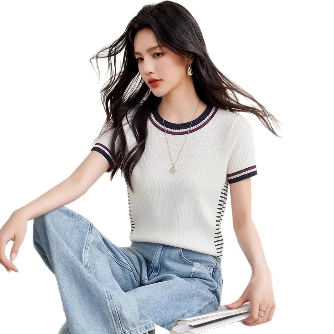 Round Neck Short Sleeve Knit Top, Fitted Elegant and Stylish Casual Blouse