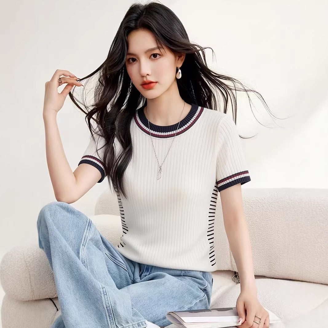 Round Neck Short Sleeve Knit Top, Fitted Elegant and Stylish Casual Blouse