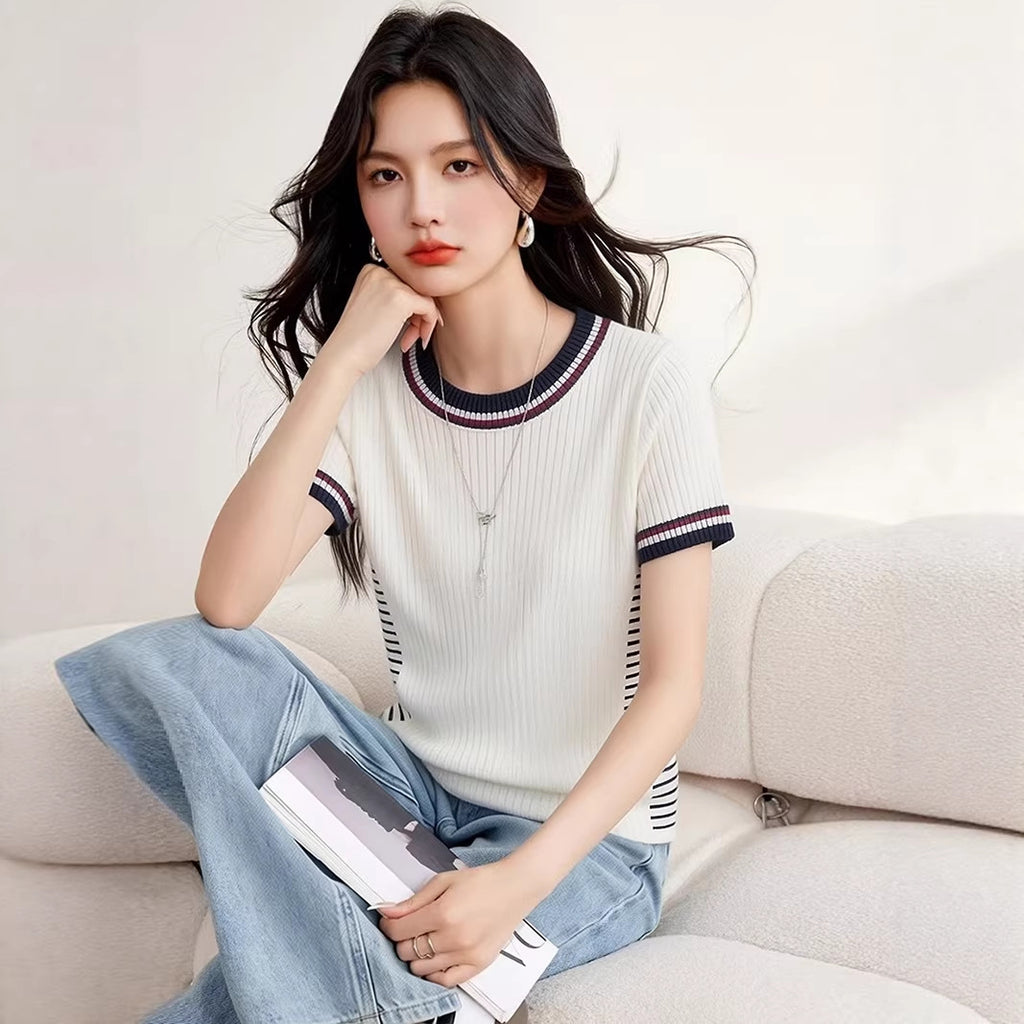 Round Neck Short Sleeve Knit Top, Fitted Elegant and Stylish Casual Blouse