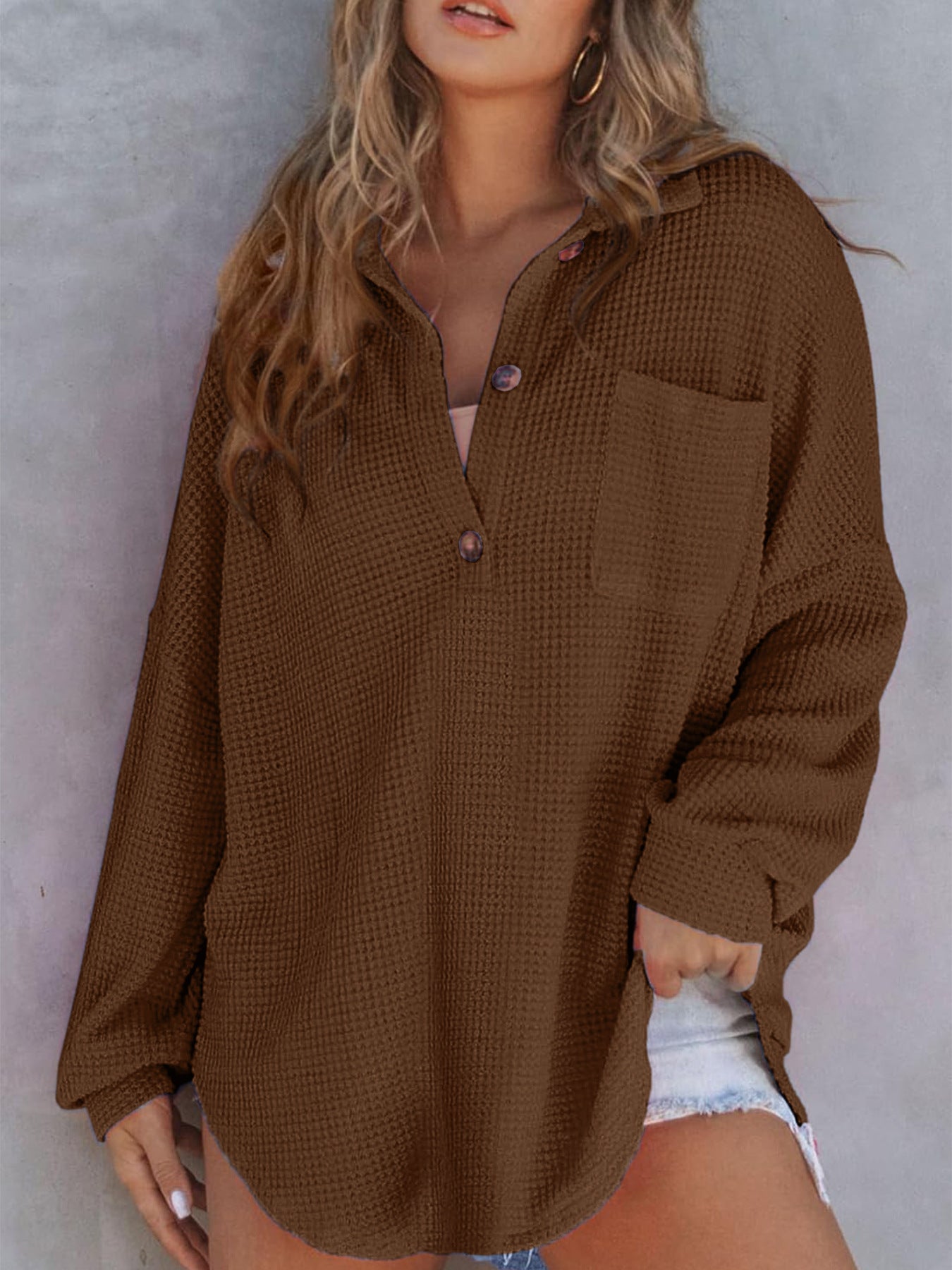 women's waffle knit top with cinched waist