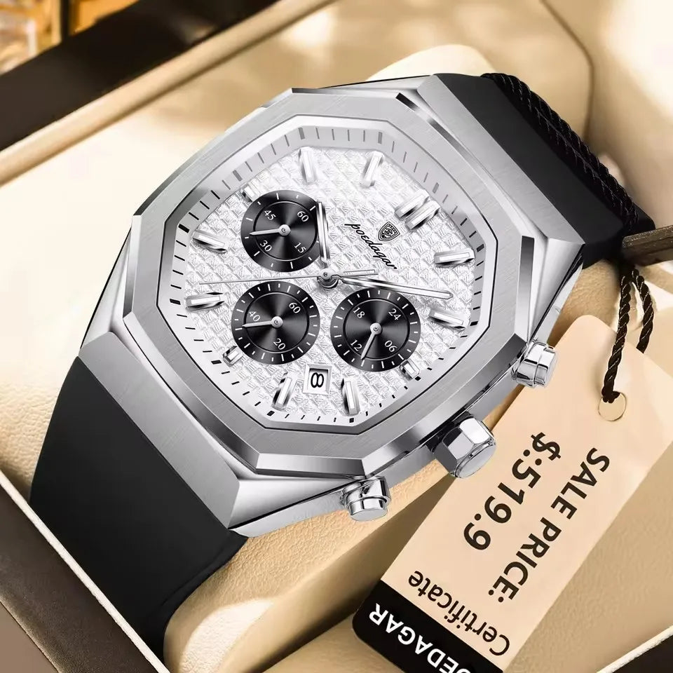 POEDAGAR 893 Business Watch for Men Waterproof Luminous Chronograph Date Man Wristwatch Silicone Strap Quartz Men's Watches Gift