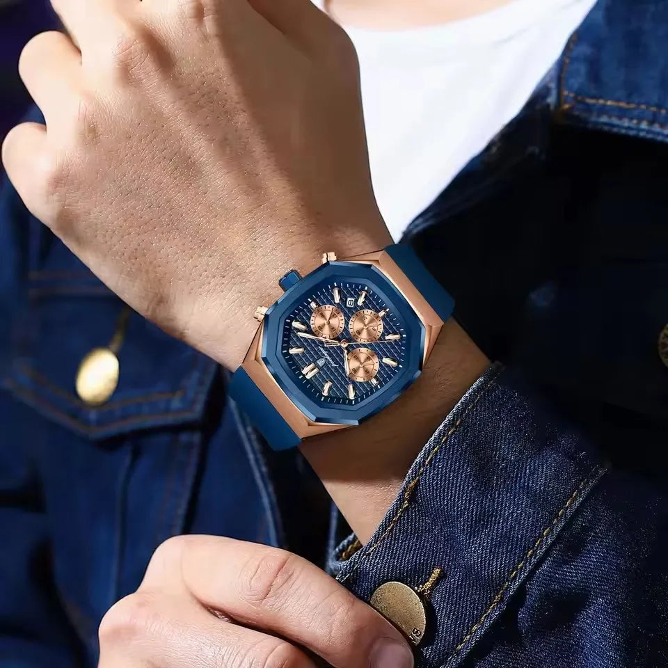 POEDAGAR 893 Business Watch for Men Waterproof Luminous Chronograph Date Man Wristwatch Silicone Strap Quartz Men's Watches Gift