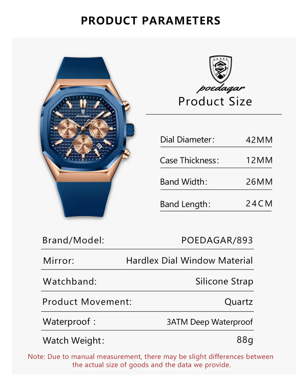 POEDAGAR 893 Business Watch for Men Waterproof Luminous Chronograph Date Man Wristwatch Silicone Strap Quartz Men's Watches Gift