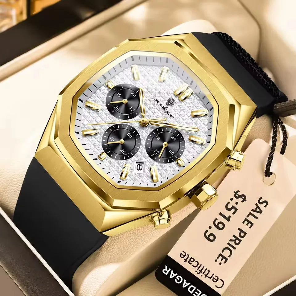 POEDAGAR 893 Business Watch for Men Waterproof Luminous Chronograph Date Man Wristwatch Silicone Strap Quartz Men's Watches Gift