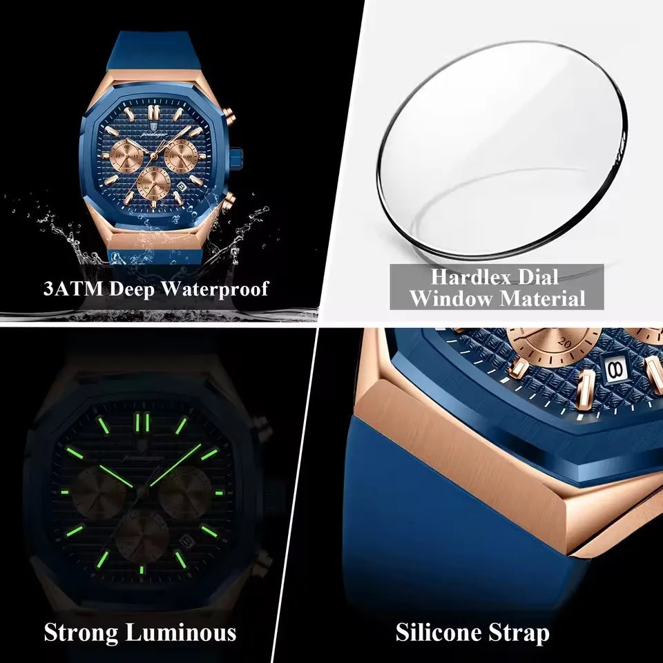 POEDAGAR 893 Business Watch for Men Waterproof Luminous Chronograph Date Man Wristwatch Silicone Strap Quartz Men's Watches Gift