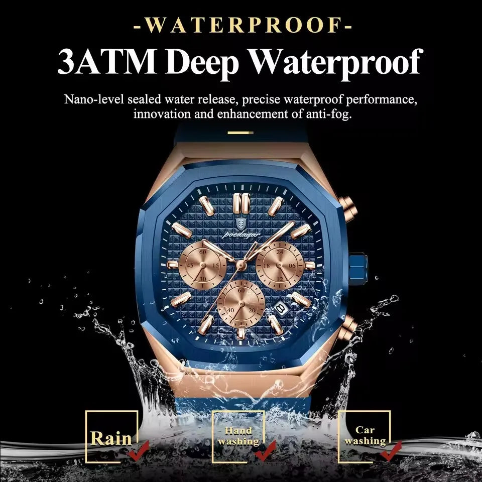 POEDAGAR 893 Business Watch for Men Waterproof Luminous Chronograph Date Man Wristwatch Silicone Strap Quartz Men's Watches Gift