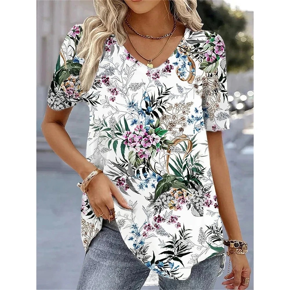 Fashion Woman Blouses 2024 T-Shirt Women's 3d Flower Print White Kawaii V-Neck T Shirt Female Clothing Oversized Summer Tops Tee