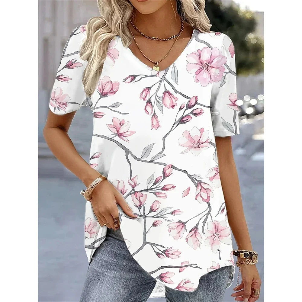 Fashion Woman Blouses 2024 T-Shirt Women's 3d Flower Print White Kawaii V-Neck T Shirt Female Clothing Oversized Summer Tops Tee