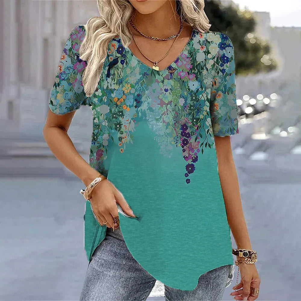 Fashion Woman Blouses 2024 T-Shirt Women's 3d Flower Print White Kawaii V-Neck T Shirt Female Clothing Oversized Summer Tops Tee