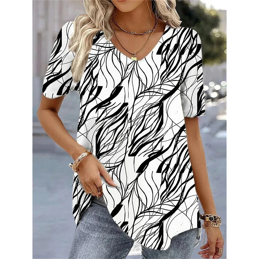 Fashion Woman Blouses 2024 T-Shirt Women's 3d Flower Print White Kawaii V-Neck T Shirt Female Clothing Oversized Summer Tops Tee