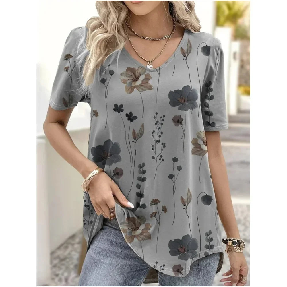 Fashion Woman Blouses 2024 T-Shirt Women's 3d Flower Print White Kawaii V-Neck T Shirt Female Clothing Oversized Summer Tops Tee