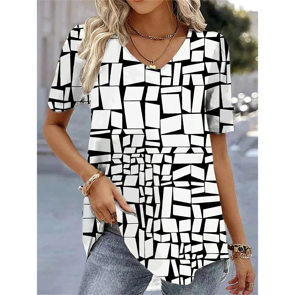 Fashion Woman Blouses 2024 T-Shirt Women's 3d Flower Print White Kawaii V-Neck T Shirt Female Clothing Oversized Summer Tops Tee