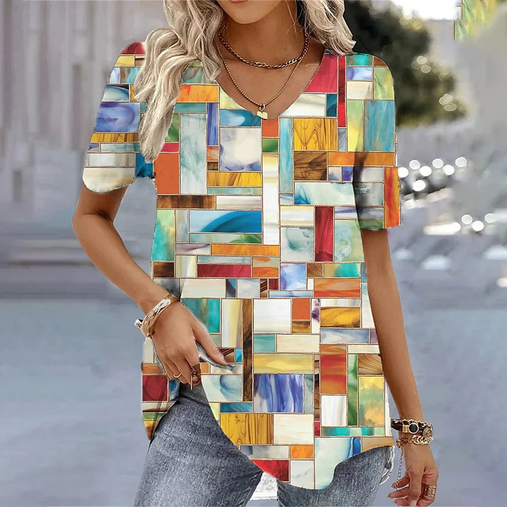 Fashion Woman Blouses 2024 T-Shirt Women's 3d Flower Print White Kawaii V-Neck T Shirt Female Clothing Oversized Summer Tops Tee