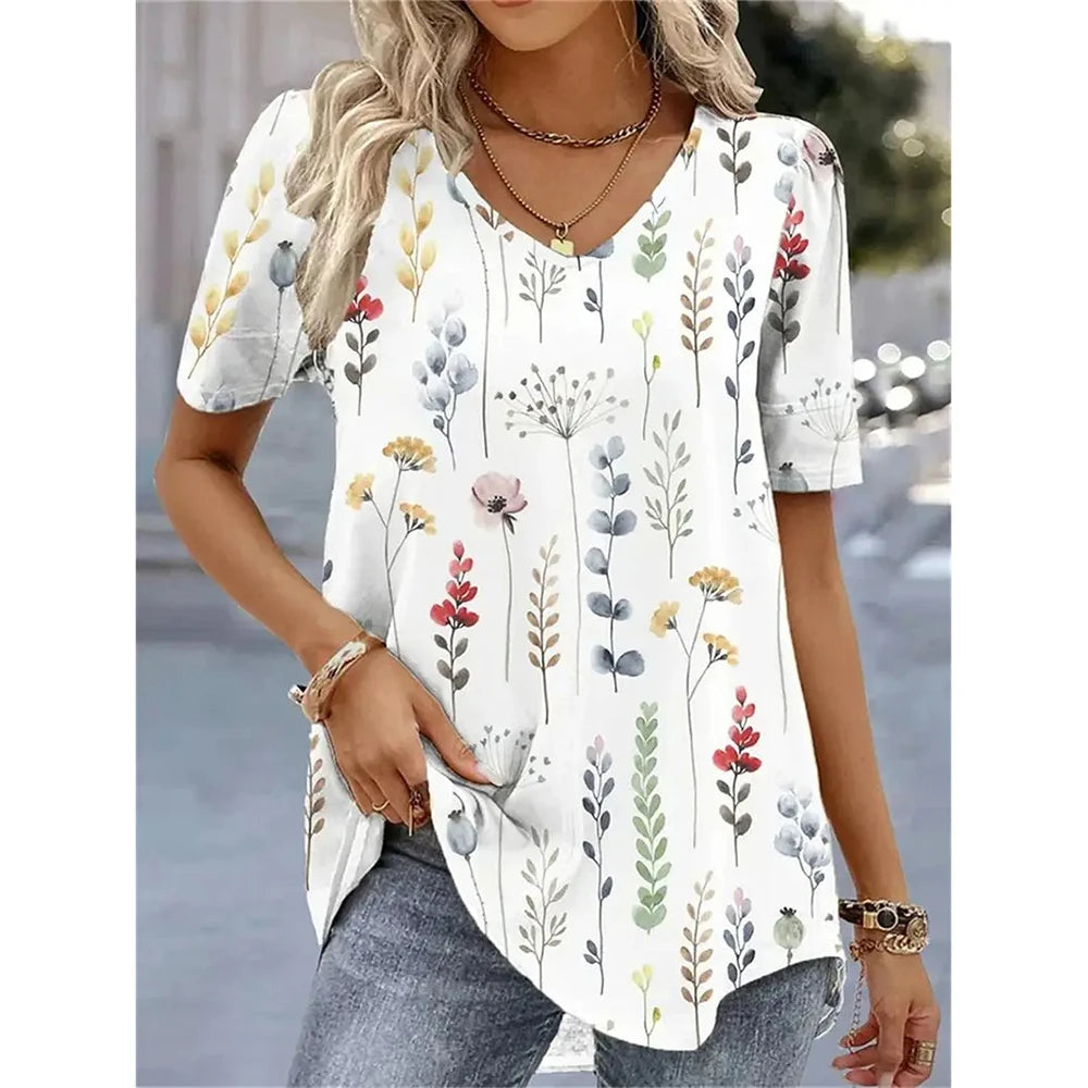 Fashion Woman Blouses 2024 T-Shirt Women's 3d Flower Print White Kawaii V-Neck T Shirt Female Clothing Oversized Summer Tops Tee