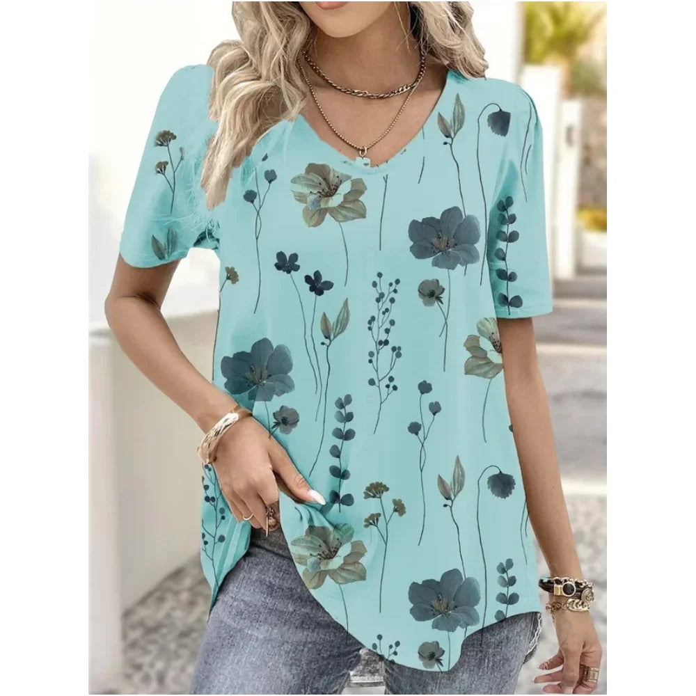 Fashion Woman Blouses 2024 T-Shirt Women's 3d Flower Print White Kawaii V-Neck T Shirt Female Clothing Oversized Summer Tops Tee