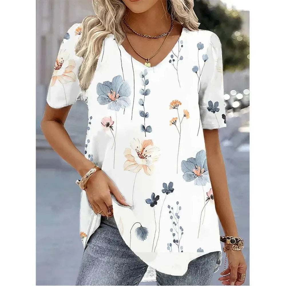 Fashion Woman Blouses 2024 T-Shirt Women's 3d Flower Print White Kawaii V-Neck T Shirt Female Clothing Oversized Summer Tops Tee