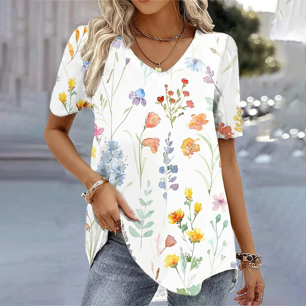 Fashion Woman Blouses 2024 T-Shirt Women's 3d Flower Print White Kawaii V-Neck T Shirt Female Clothing Oversized Summer Tops Tee