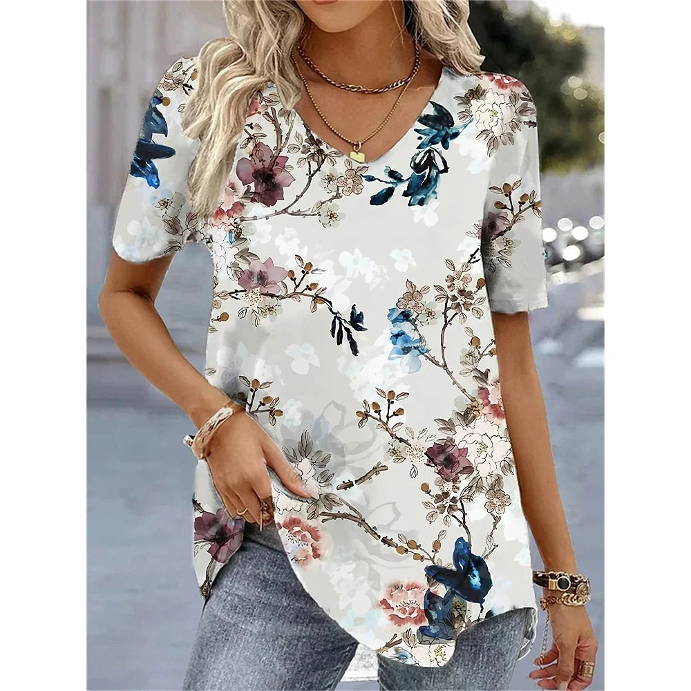 Fashion Woman Blouses 2024 T-Shirt Women's 3d Flower Print White Kawaii V-Neck T Shirt Female Clothing Oversized Summer Tops Tee