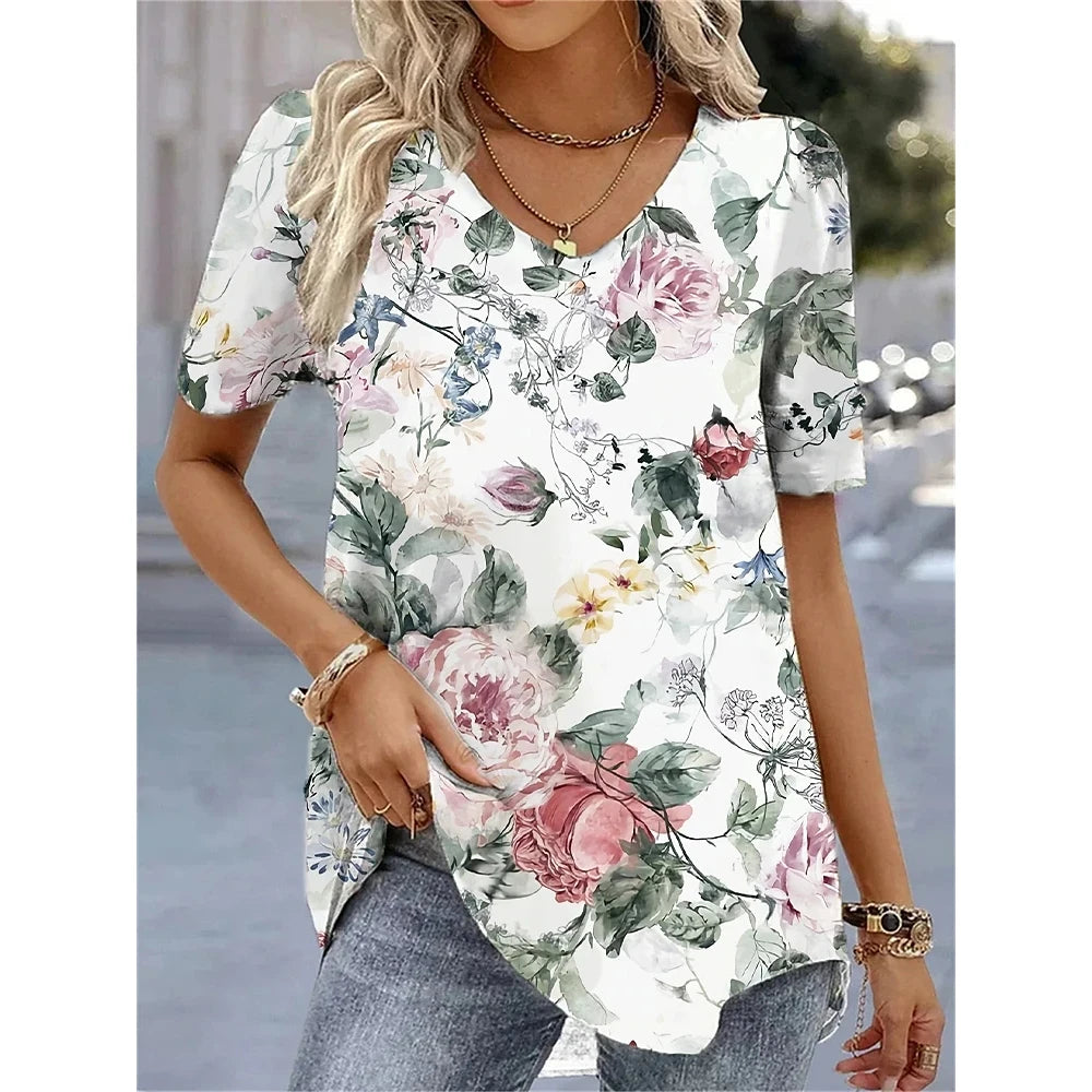 Fashion Woman Blouses 2024 T-Shirt Women's 3d Flower Print White Kawaii V-Neck T Shirt Female Clothing Oversized Summer Tops Tee