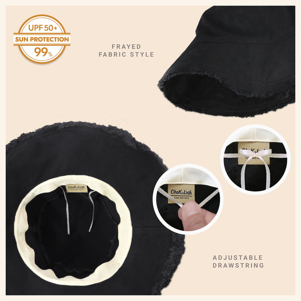 Wide Brim Frayed Bucket Hat for Summer – Lightweight Cotton Sun Hat