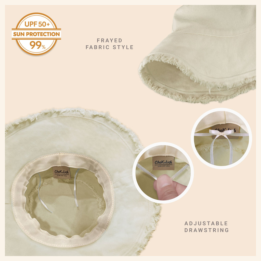 Wide Brim Frayed Bucket Hat for Summer – Lightweight Cotton Sun Hat