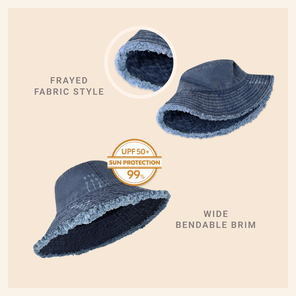 Wide Brim Frayed Bucket Hat for Summer – Lightweight Cotton Sun Hat