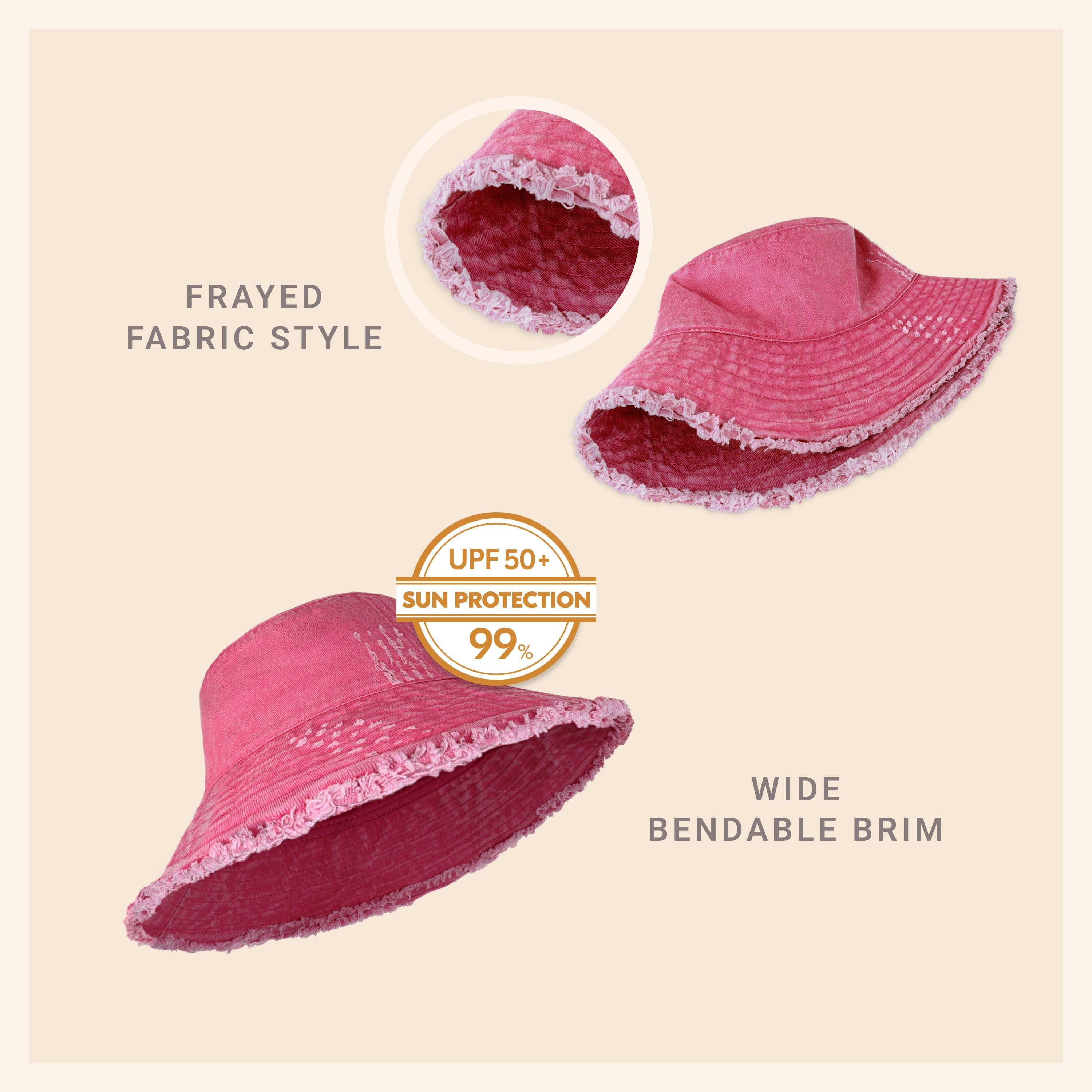 Wide Brim Frayed Bucket Hat for Summer – Lightweight Cotton Sun Hat