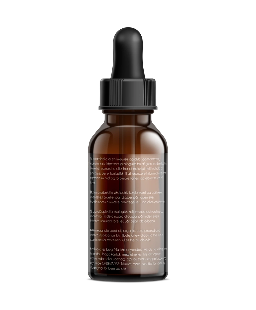 chleopatra granatæbleolie 30ml, økologisk punica granatum bagside